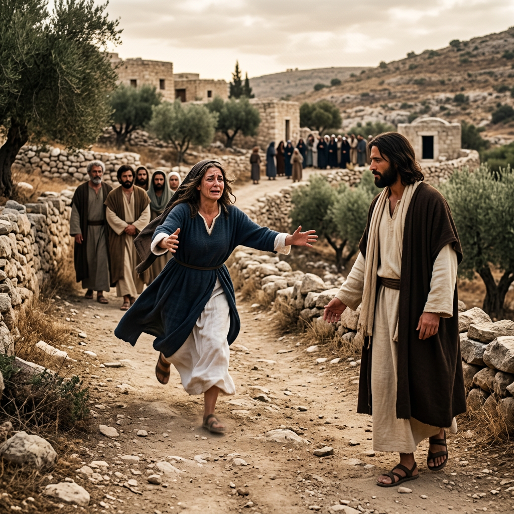 Martha runs to Jesus after Lazarus dies